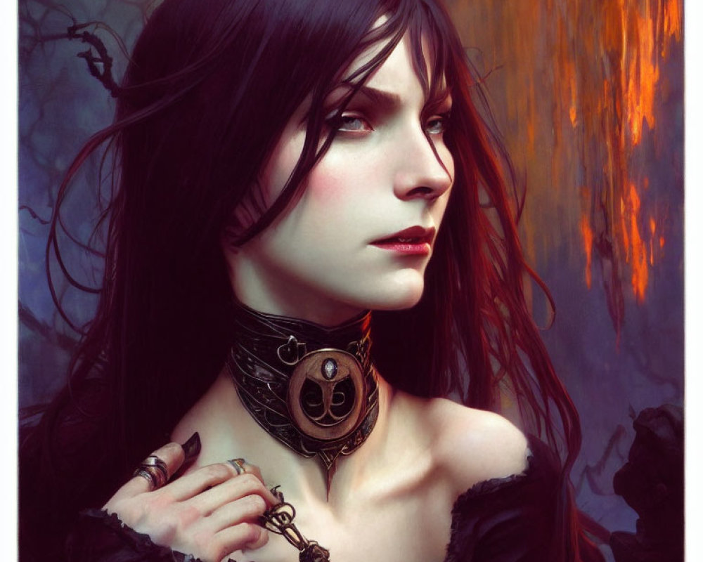 Pale-skinned gothic woman in black attire with choker pendant against fiery backdrop