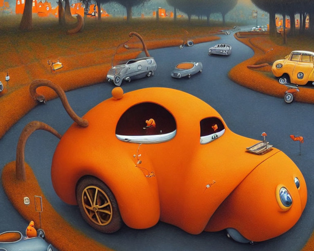 Surreal anthropomorphic orange car-like structure in whimsical landscape