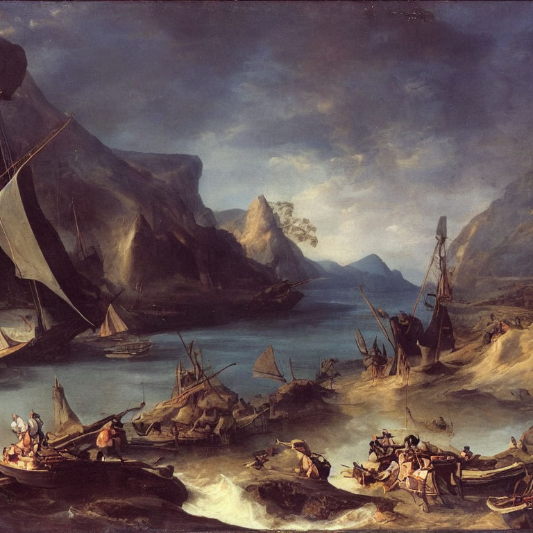 Chaotic maritime painting with distressed ships, struggling people, cliffs, and stormy skies