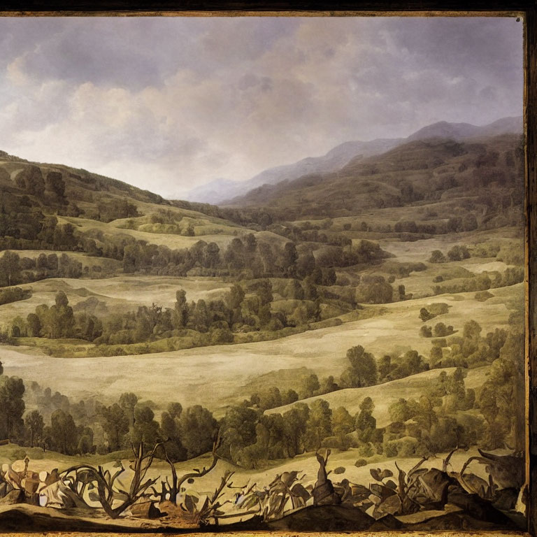 Tranquil landscape painting of rolling hills, greenery, valley, mountains, and cloudy sky