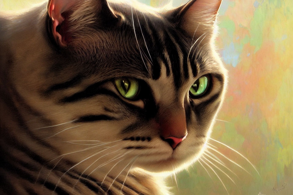 Realistic Digital Painting of Tabby Cat with Green Eyes & Distinct Fur Patterns