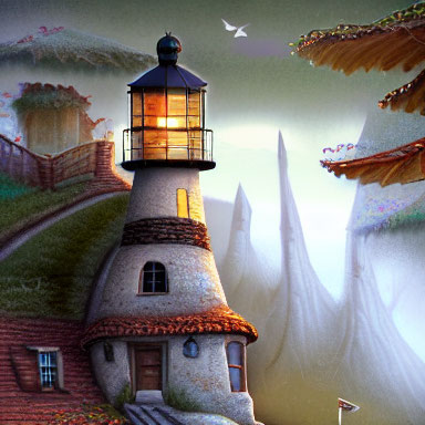 Lighthouse illustration with glowing beacon and misty landscapes