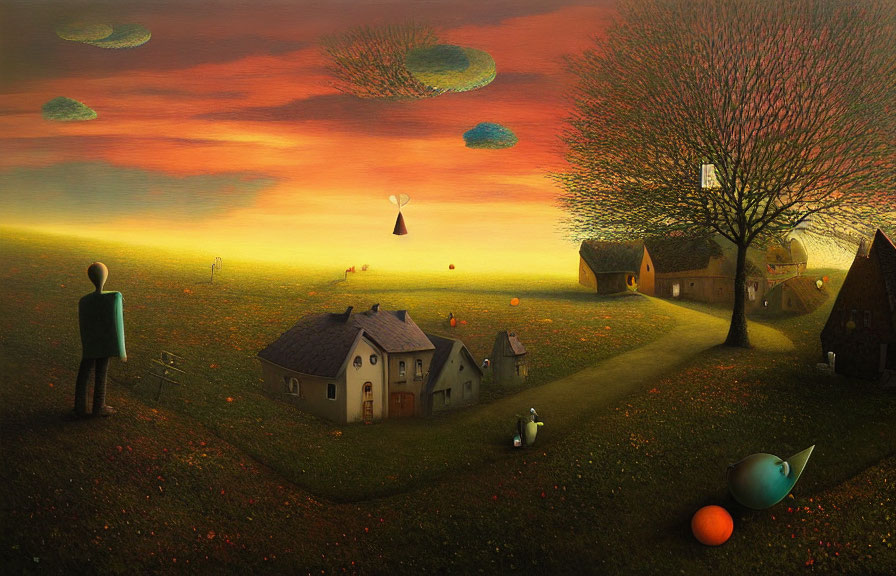 Vibrant sunset surreal landscape with floating islands and whimsical figures