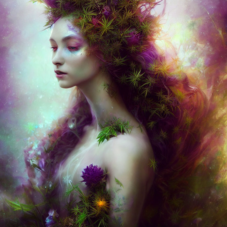 Woman with ethereal makeup adorned with green foliage and purple flowers in mystical setting