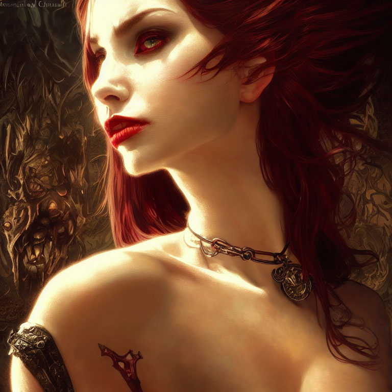 Illustration of woman with red eyes, flowing red hair, pale skin, gothic makeup, and