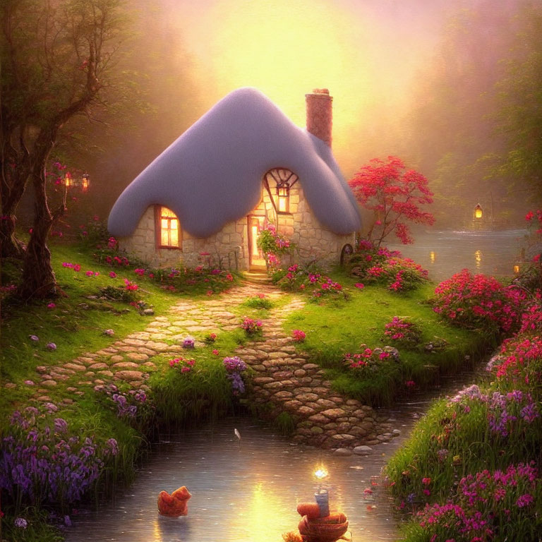 Charming Thatched Roof Cottage in Whimsical Garden at Dusk