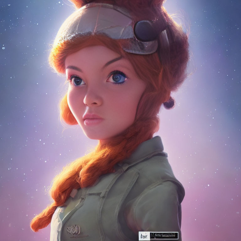 Red-haired woman in pilot's cap and goggles against starry sky