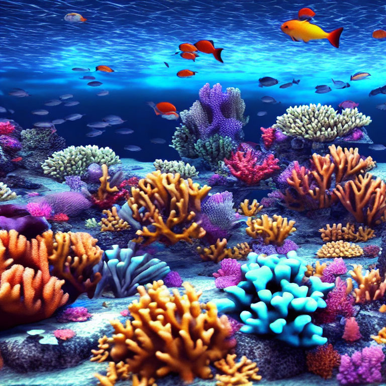 Vibrant Coral Reef with Tropical Fish in Sunlit Ocean