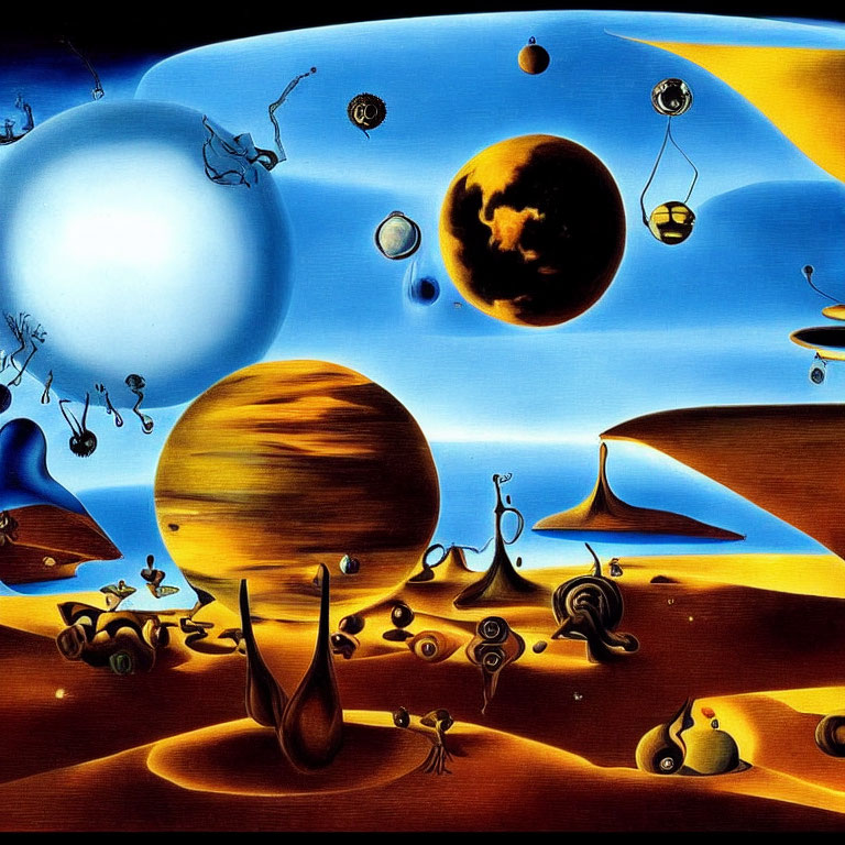 Surreal landscape featuring planets, melting objects, and musical elements under a blue sky with a lumin