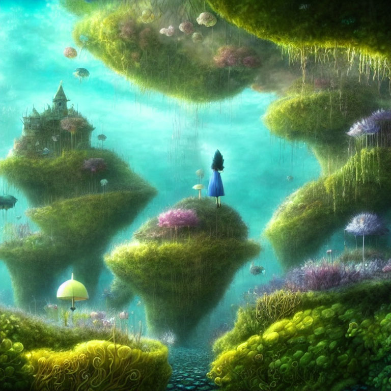 Girl on Floating Island Surrounded by Whimsical Landscape