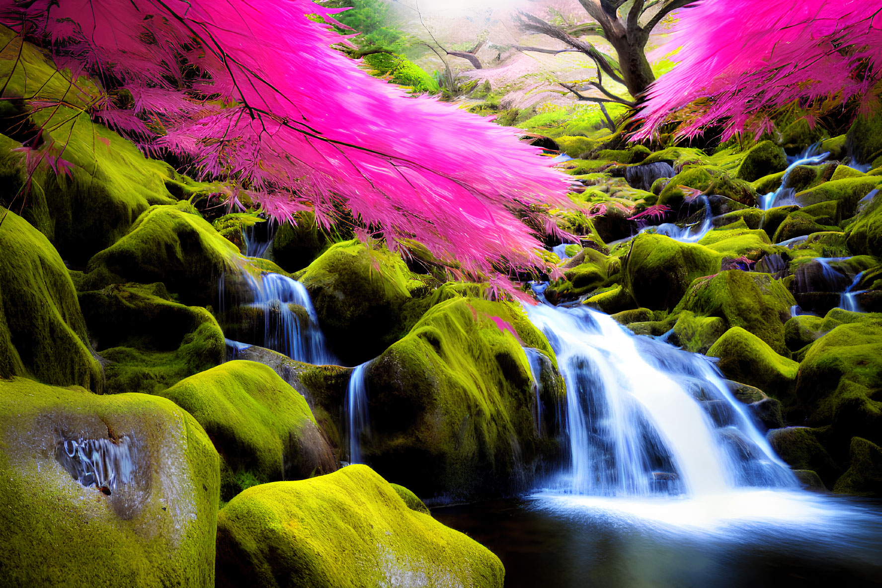 Lush Forest Landscape with Waterfall and Pink Foliage