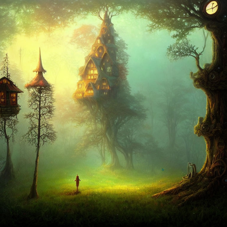 Person in Enchanted Forest with Whimsical Treehouses