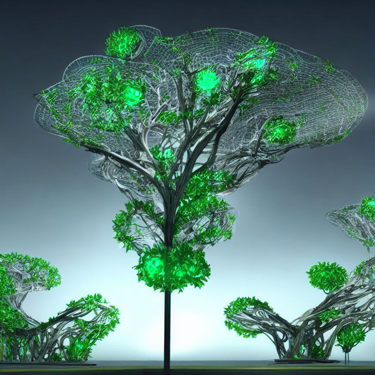 Futuristic digital artwork: Luminescent trees with glowing green leaves.