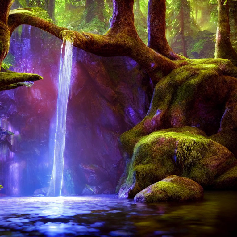 Tranquil forest scene with small waterfall and purple light