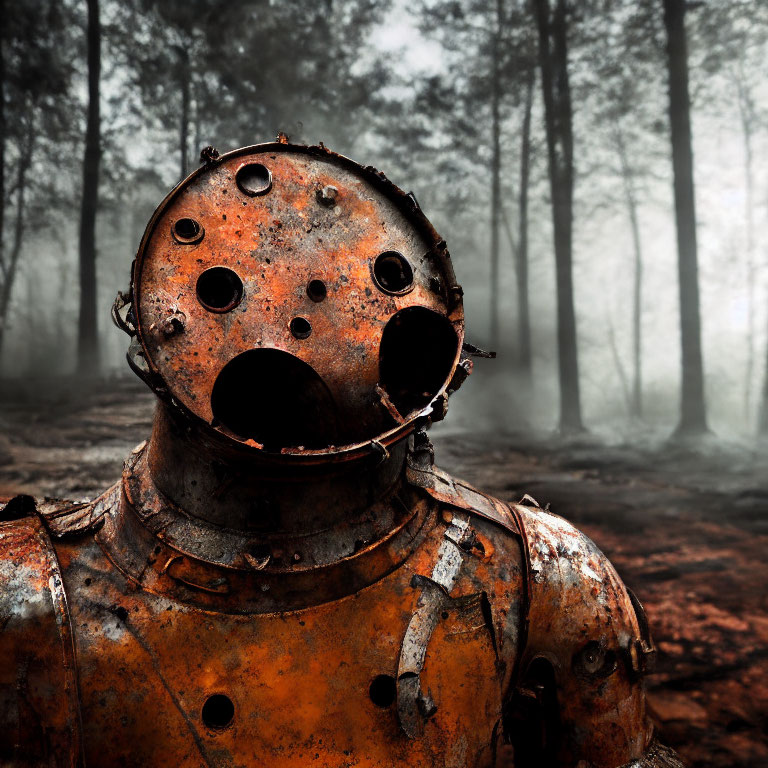 Vintage deep-sea diving suit in foggy forest setting