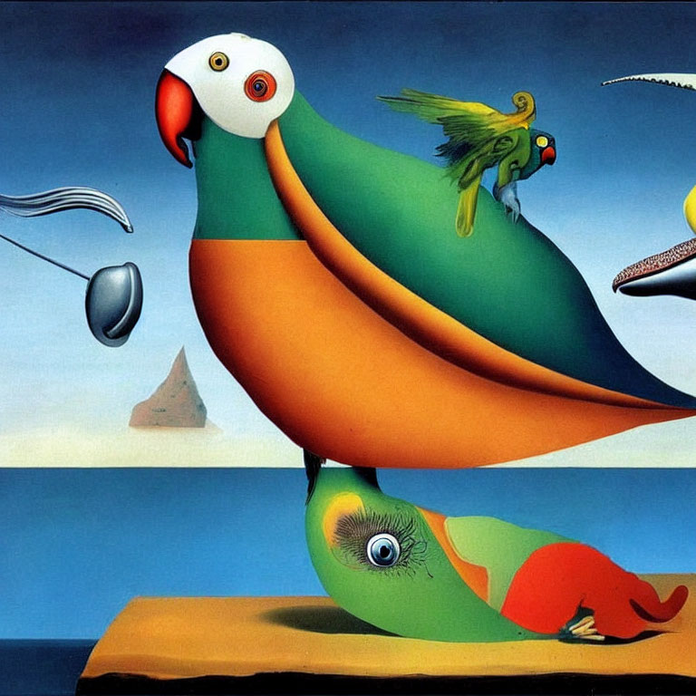 Vividly colored birds with eye motifs in surrealistic landscape