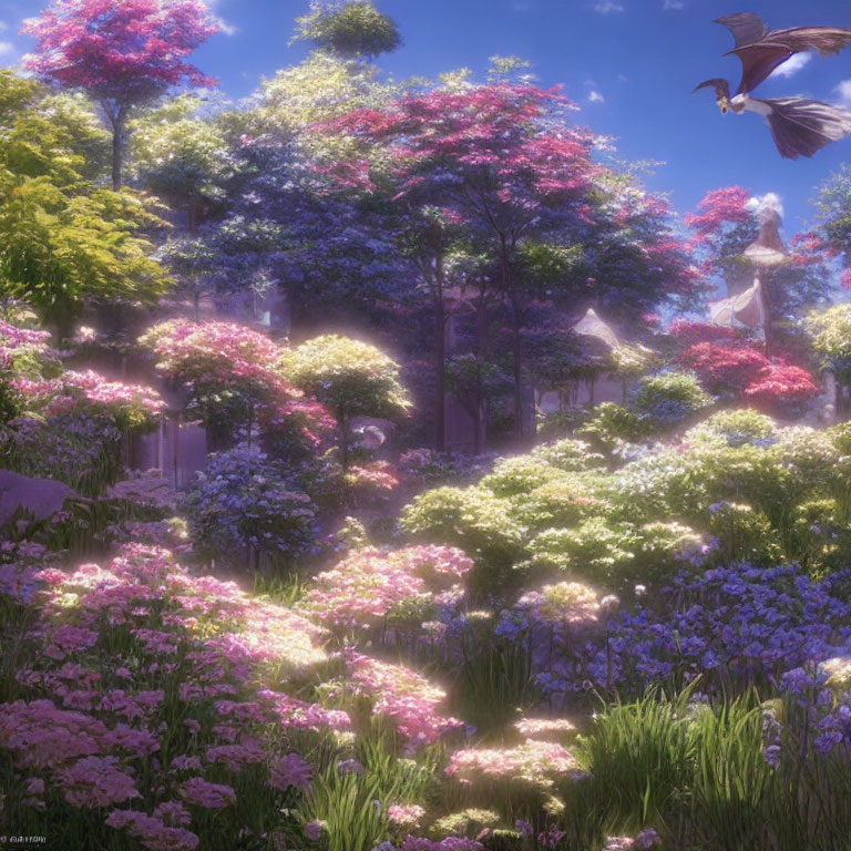 Colorful flowering garden with bird in flight & structures peeking through foliage