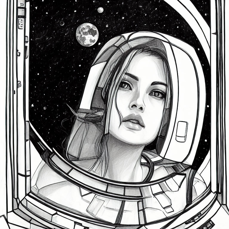 Monochromatic illustration of female astronaut gazing at moon from spacecraft.