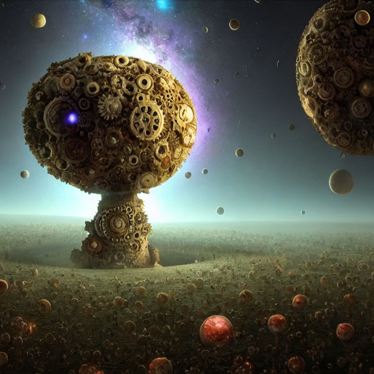 Surreal landscape: floating orbs of gears in golden light