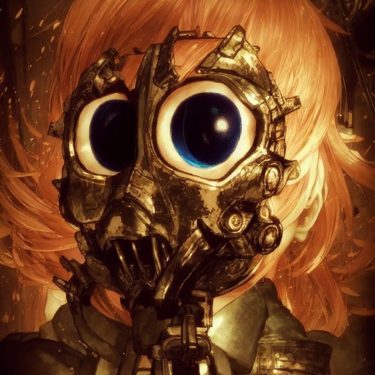 Steampunk gas mask with large eye lenses and orange-tinted hair portrait