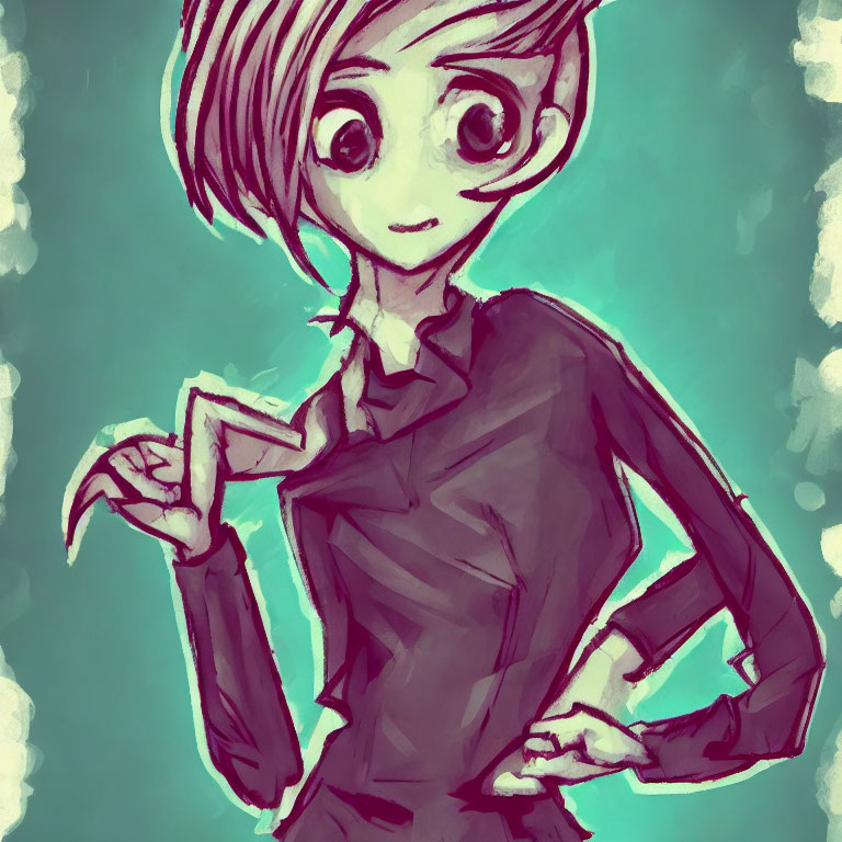 Whimsical character illustration with short hair, shirt, and slacks on teal background