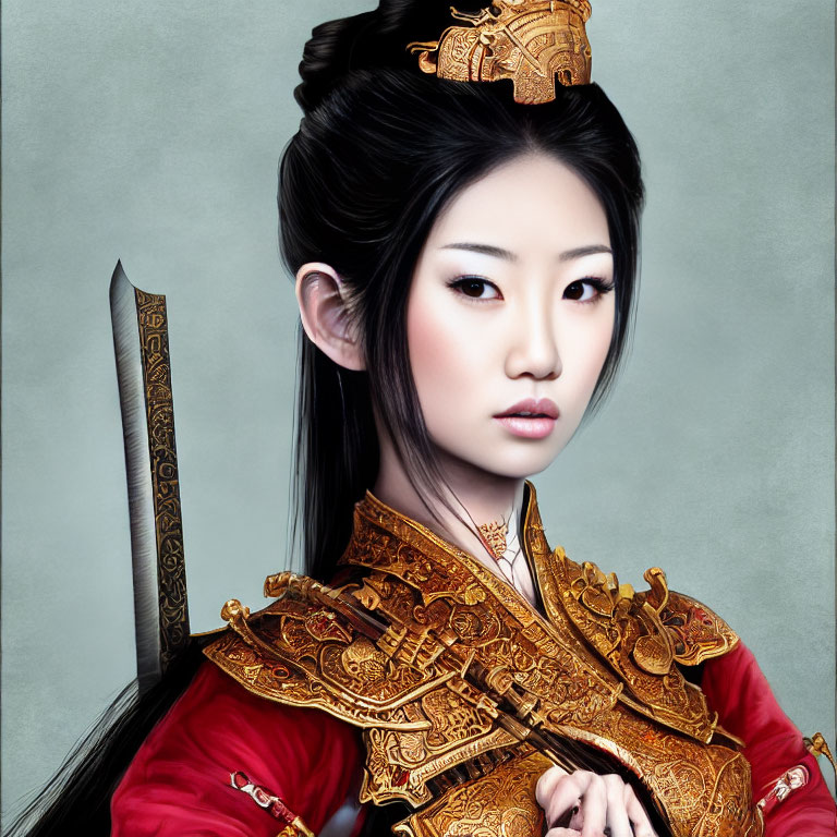 Digital portrait of woman as ancient warrior in golden armor with sword