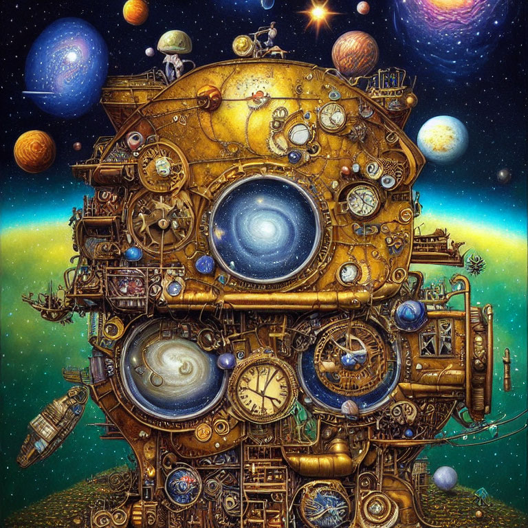 Clockwork cosmic robot with celestial backdrop in steampunk space theme