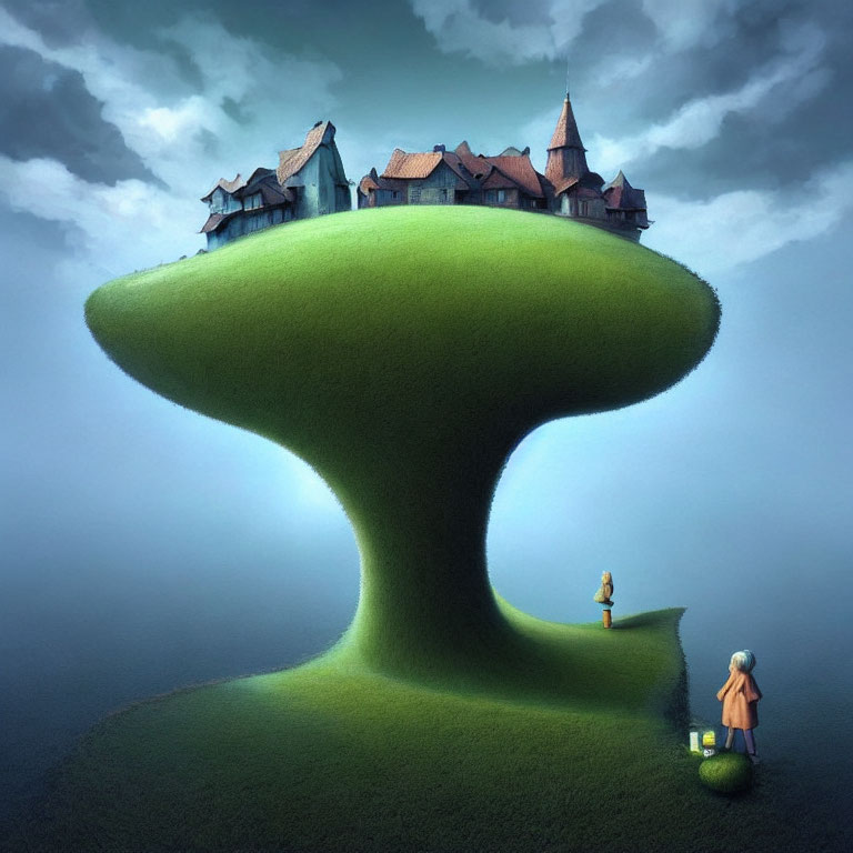 Surreal village on mushroom hill with figures under cloudy sky