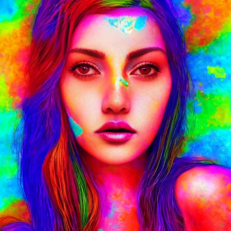 Colorful portrait of a woman with rainbow face paint and striking eyes