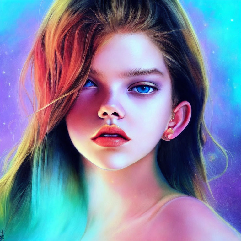 Colorful digital portrait of a girl with blue eyes and vibrant hair against a nebula backdrop