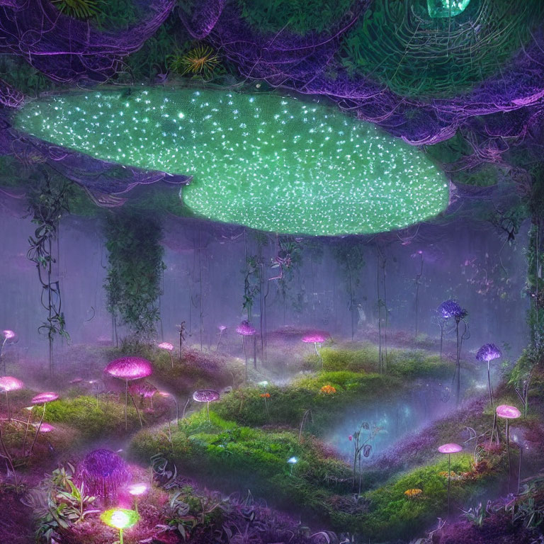 Enchanting Glowing Plants and Luminescent Canopy in Mystical Forest