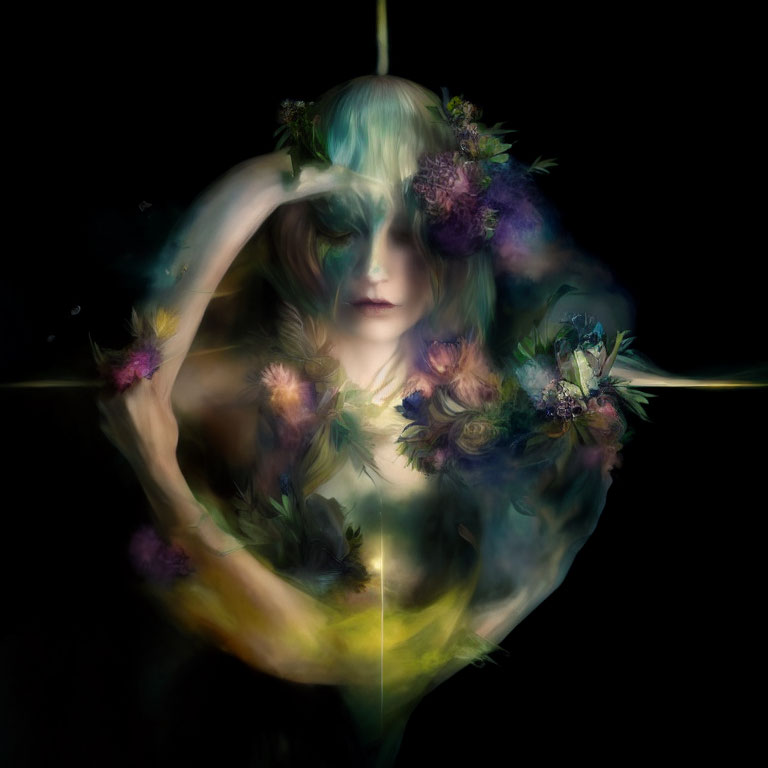 Semi-transparent woman with floral wreath in dreamlike setting