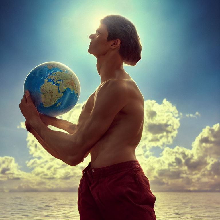 Muscular person holding globe on shoulder under cloudy sky