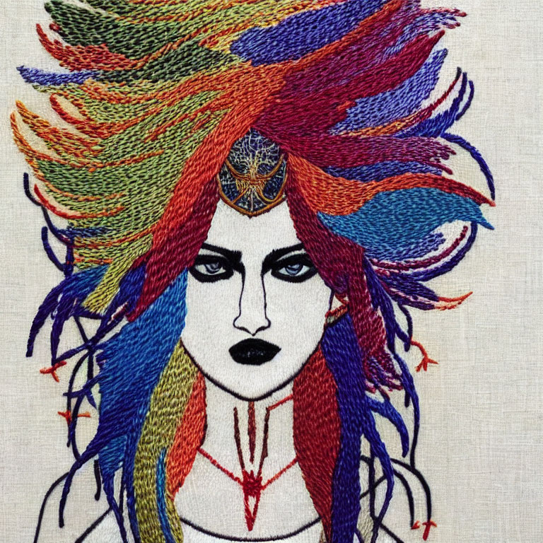 Colorful Fantasy Character Embroidery on Linen Background