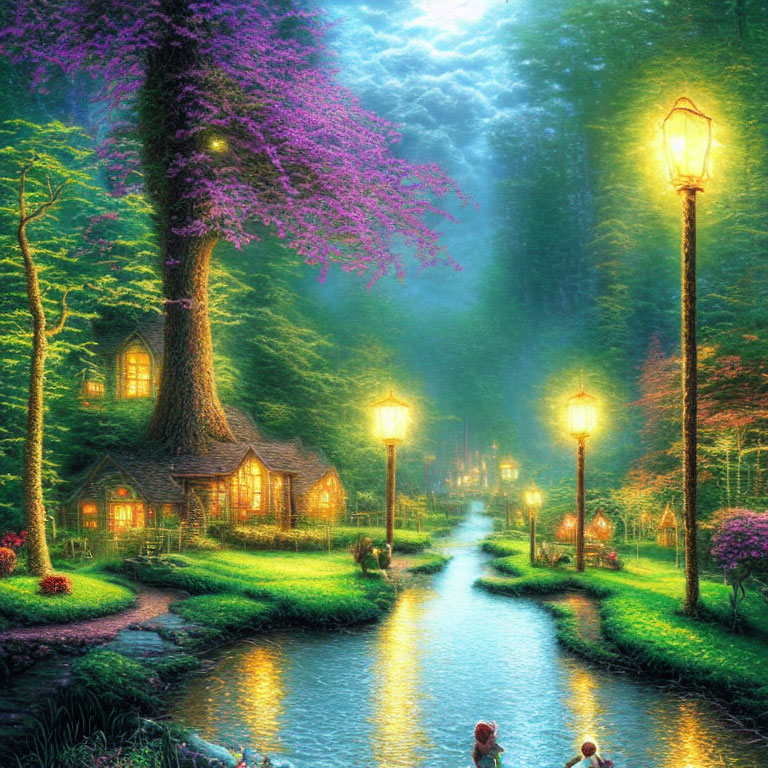 Enchanted forest scene with glowing river and street lamps