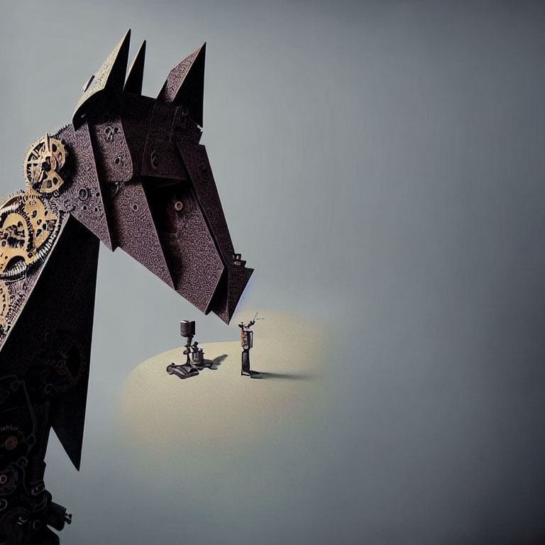 Mechanical Dragon Confronts Knight in Dramatic Scene