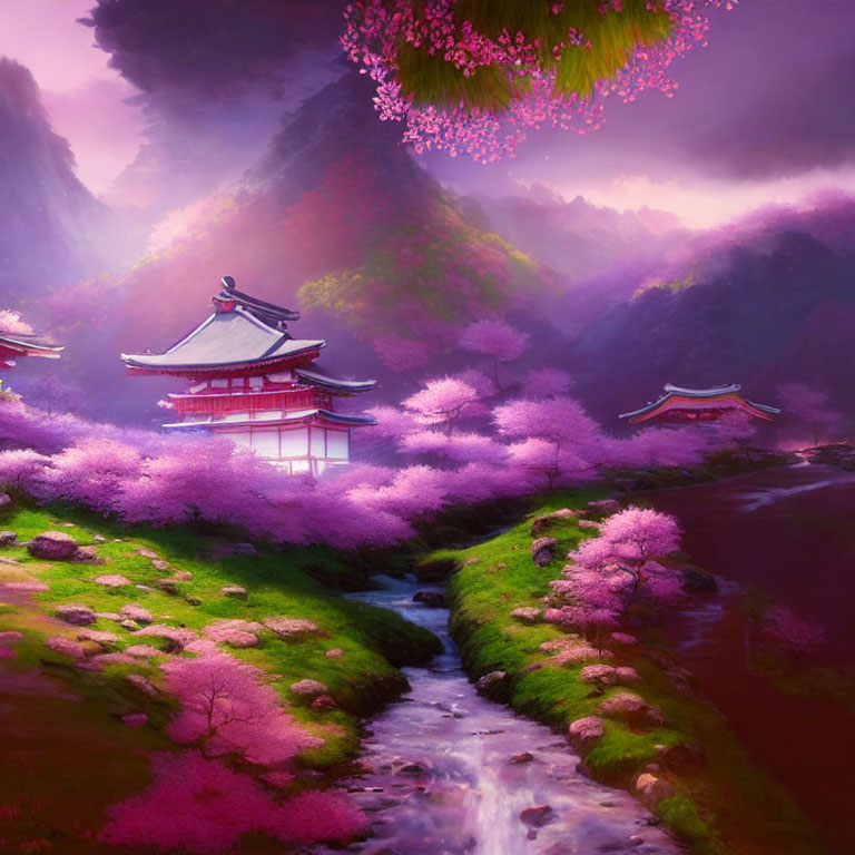 Fantasy landscape with Asian architecture, cherry blossoms, stream, misty mountains at dawn or dusk