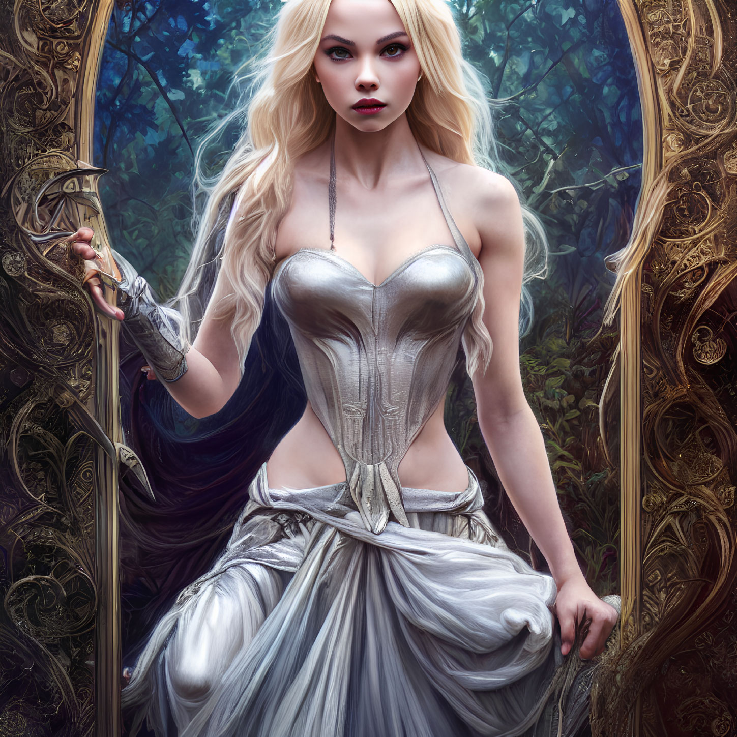 Fantasy Artwork: Pale Woman in Silver Corset with Curved Blade in Mystical Forest