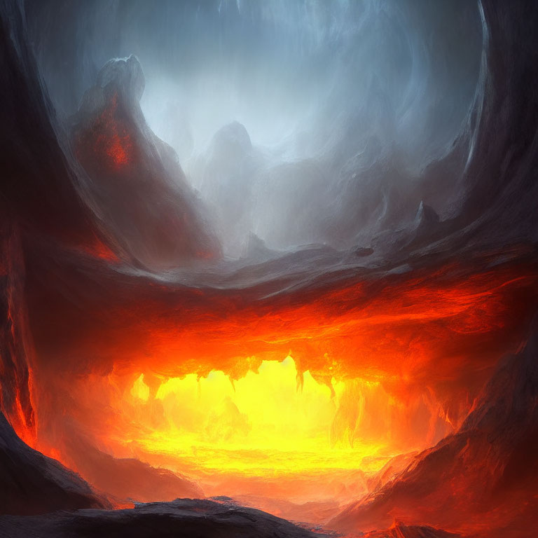 Vibrant red and orange digital art of fiery underground cavern