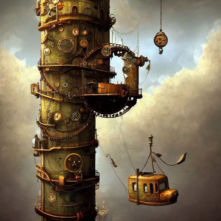 Steampunk lighthouse with gears, balcony, airships in cloudy sky