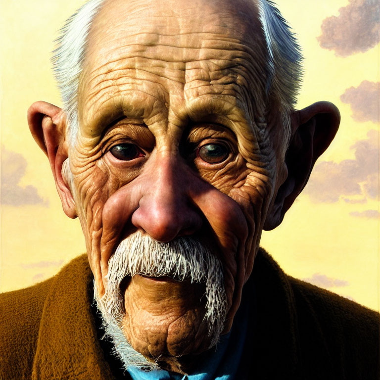 Detailed digital portrait of elderly man with expressive blue eyes and gray mustache