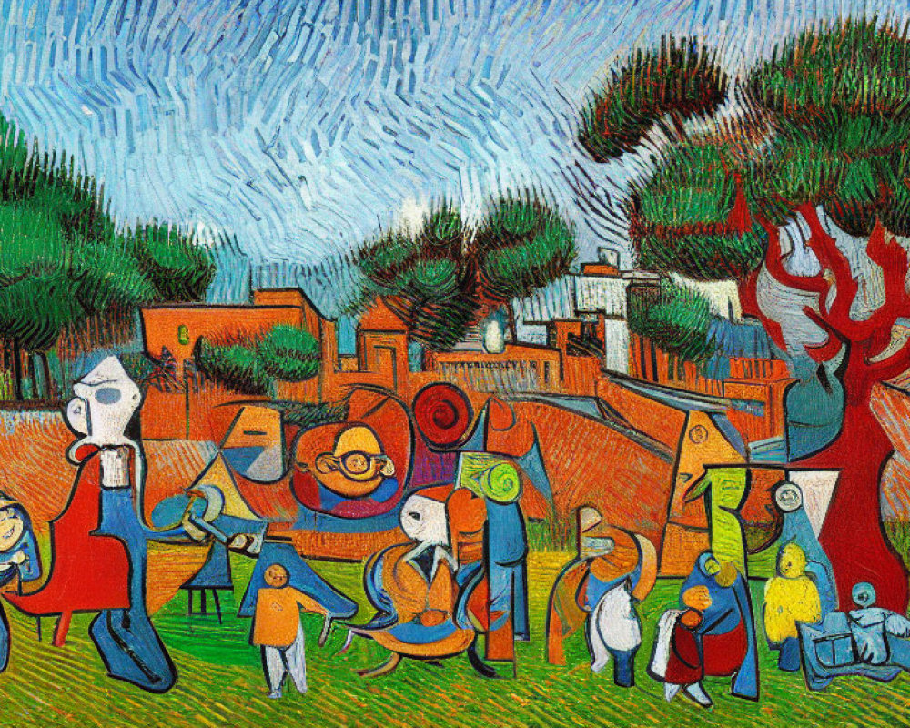 Expressionistic Painting of Stylized Figures and Trees with Swirling Skies