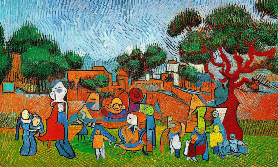 Expressionistic Painting of Stylized Figures and Trees with Swirling Skies