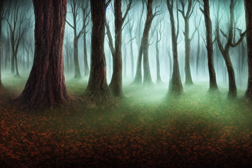 Misty forest with tall bare trees and brown leaves carpet