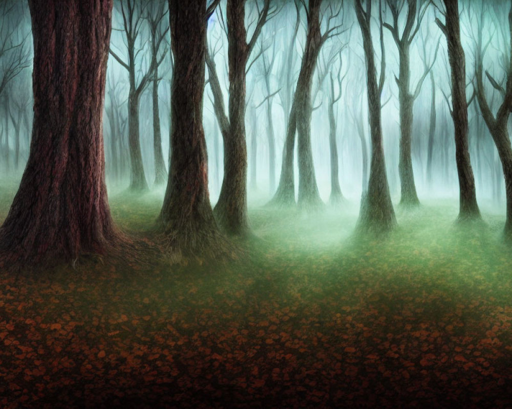 Misty forest with tall bare trees and brown leaves carpet