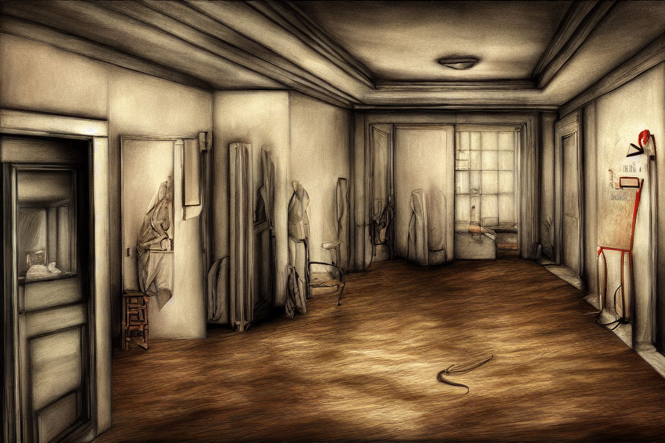 Sepia-Toned Illustration of Abandoned Hallway with Rocking Horse and Red Accents