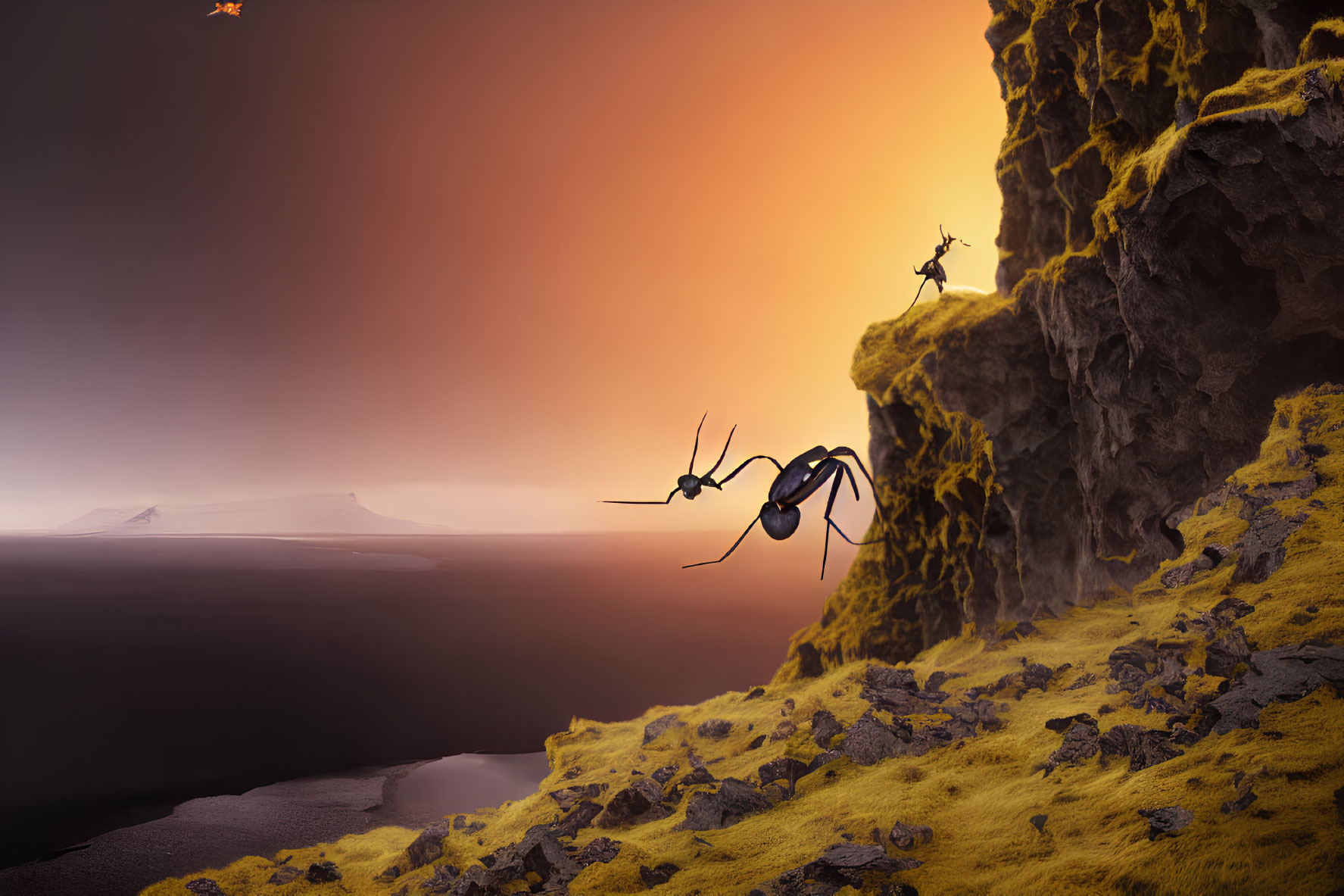 Surreal image of giant ants climbing cliff under orange sky