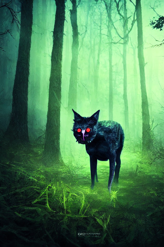 Mythical black wolf with red eyes in misty green forest