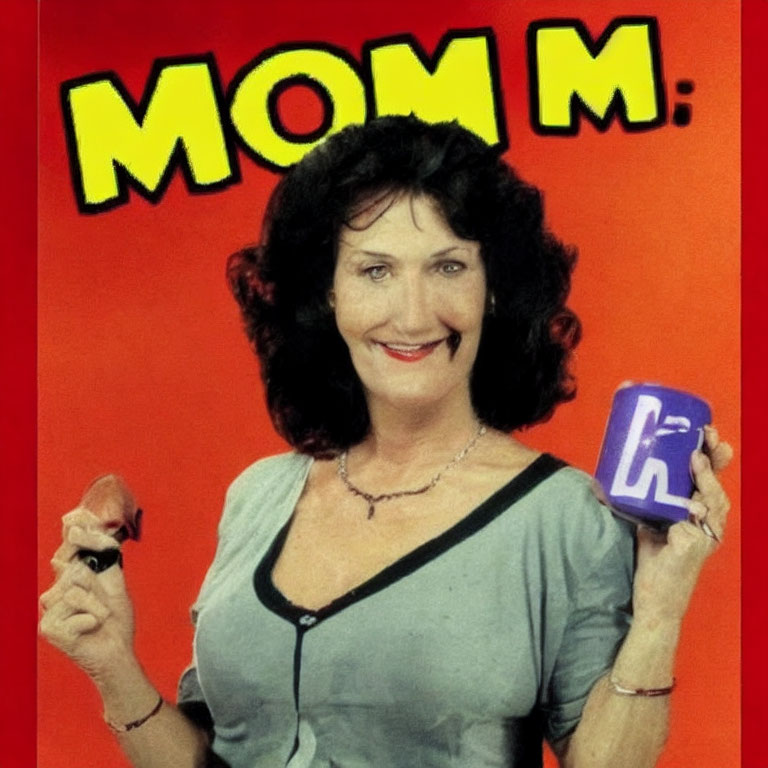 Smiling woman holding cup with "M" letter and fruit on red background
