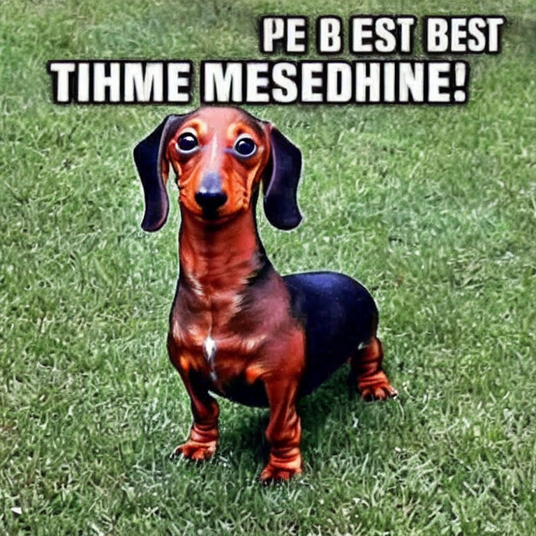 Brown Dachshund with Cartoon Eyes and Humorous Text Overlay on Grass
